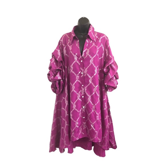 Pink & silver metallic puffy sleeve button down regal hi low dress size 1X new - Picture 11 of 17